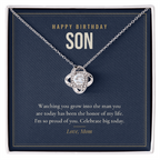 14K white gold finish Birthday Love Knot necklace for Son on "Happy Birthday Son" message card in standard gift box