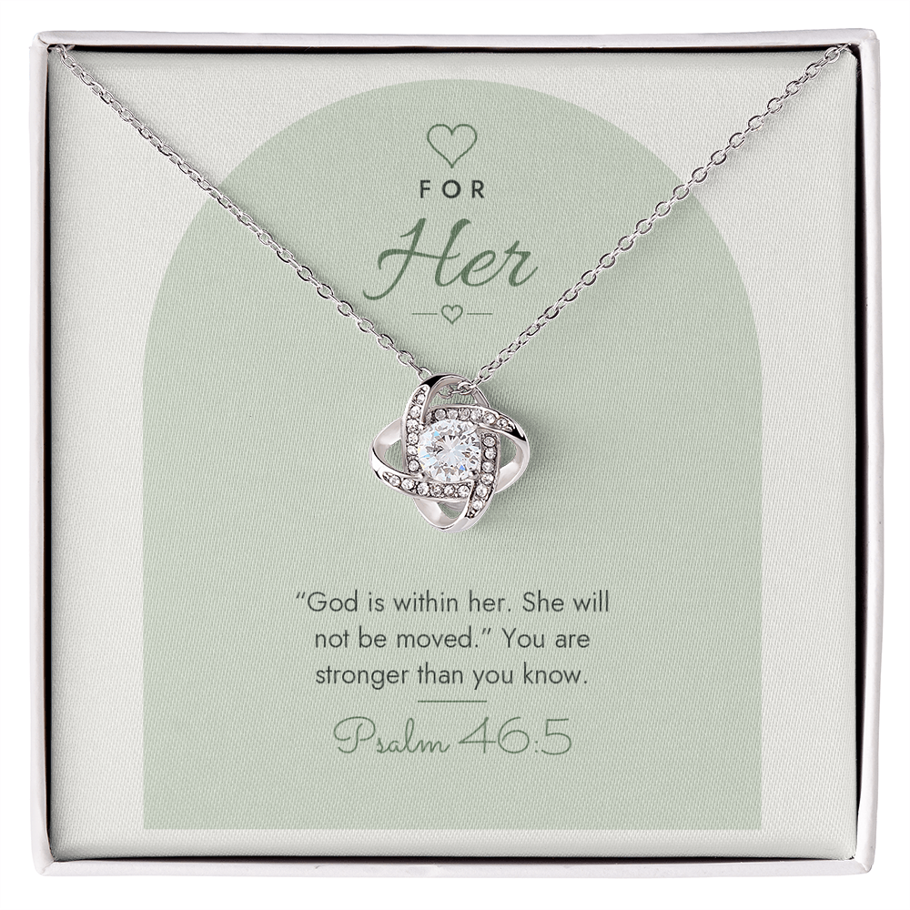 14K white gold finish Christian Love Knot necklace for Her on "For Her" Psalm 46:5 modern message card in two-tone standard gift box