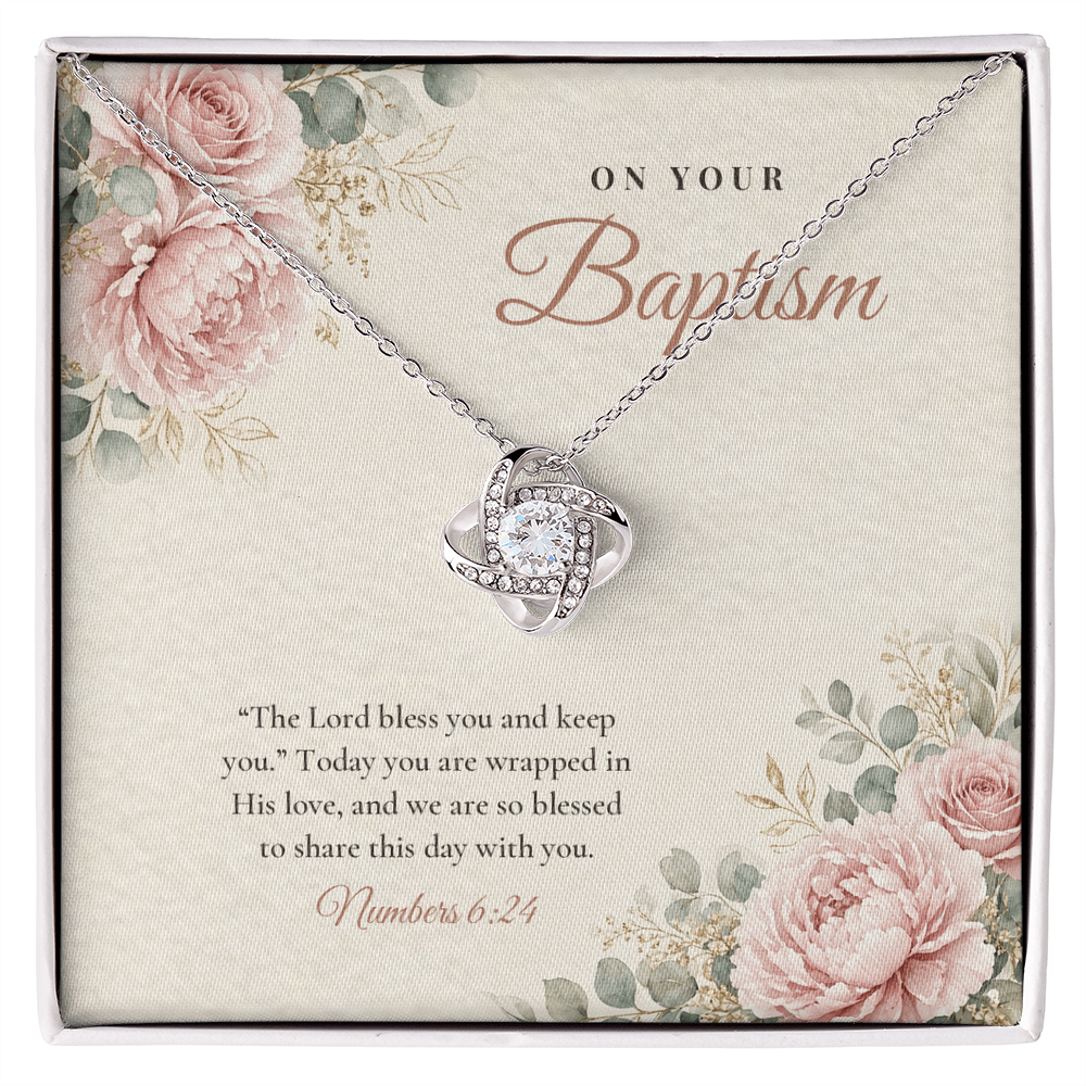 14K white gold finish Baptism Love Knot necklace for Her on "On Your Baptism" message card (Numbers 6:24) in standard gift box