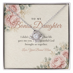 Silver Love Knot necklace for bonus daughter displayed on To My Bonus Daughter message card