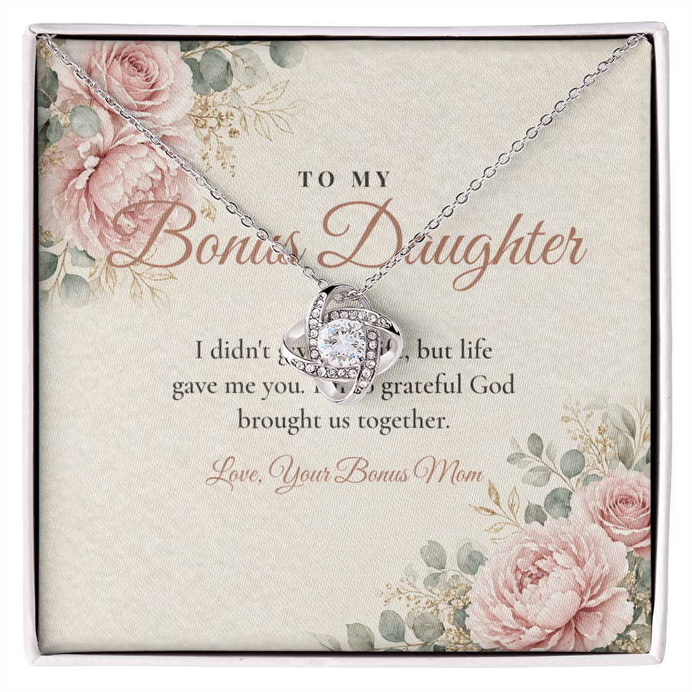 Silver Love Knot necklace for bonus daughter displayed on To My Bonus Daughter message card