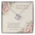 14K white gold finish Maid of Honor Proposal Love Knot necklace for Maid of Honor on "Will You Be My Maid of Honor?" message card in standard gift box