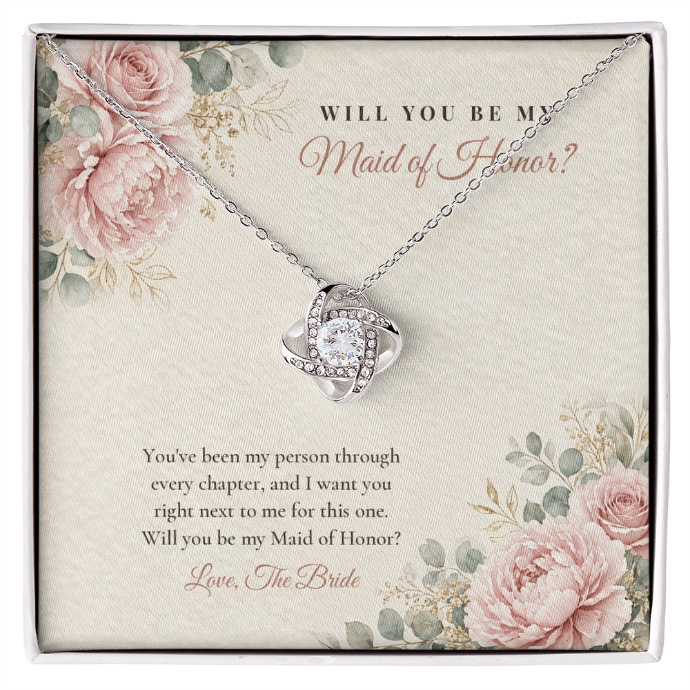 14K white gold finish Maid of Honor Proposal Love Knot necklace for Maid of Honor on "Will You Be My Maid of Honor?" message card in standard gift box