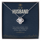 14K white gold finish Christian Love Knot necklace for Husband on "To My Husband" message card (1 Corinthians 13:4-7) in standard gift box