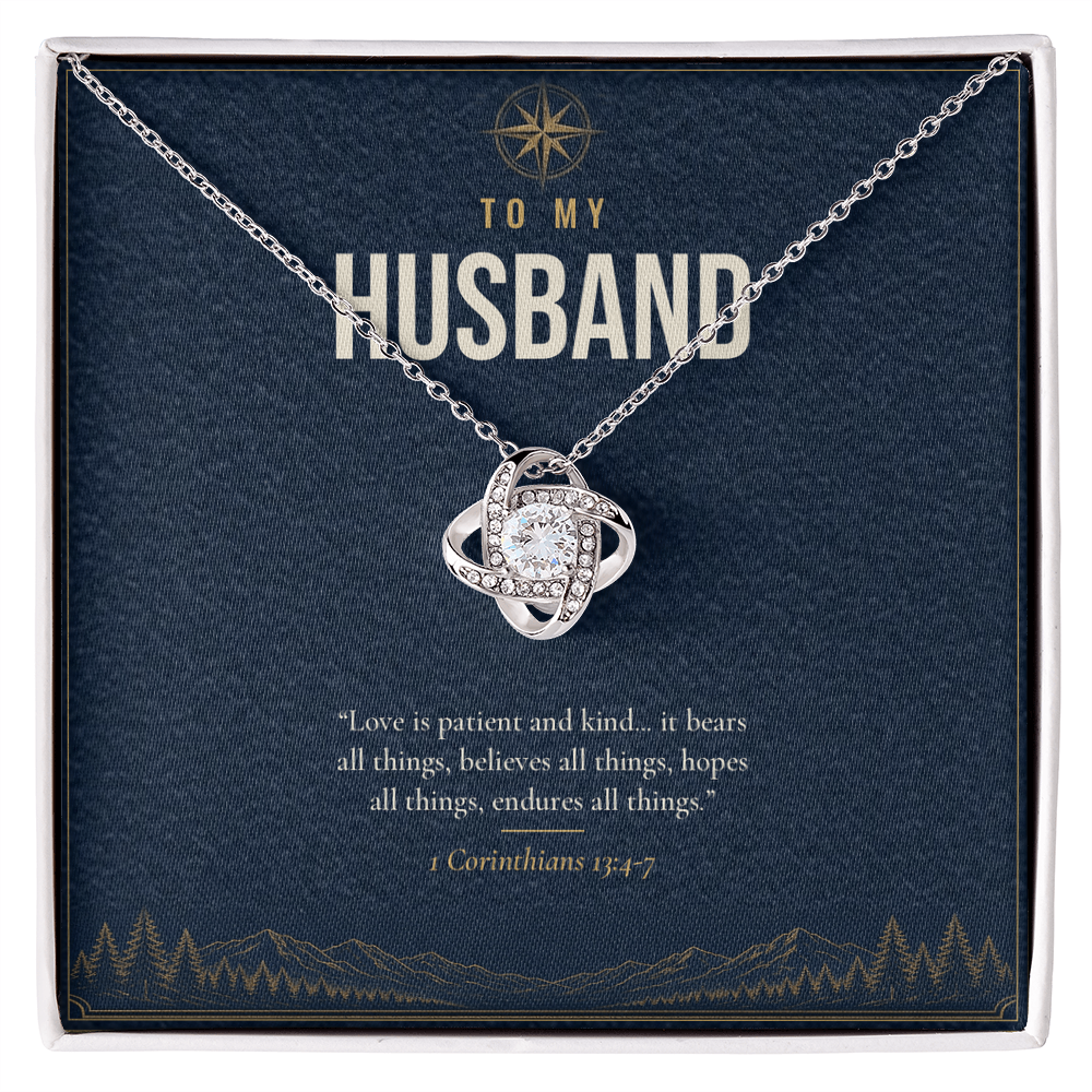 14K white gold finish Christian Love Knot necklace for Husband on "To My Husband" message card (1 Corinthians 13:4-7) in standard gift box