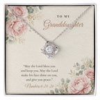 Christian Love Knot necklace for Granddaughter laid on "To My Granddaughter" Numbers 6:24-26 message card