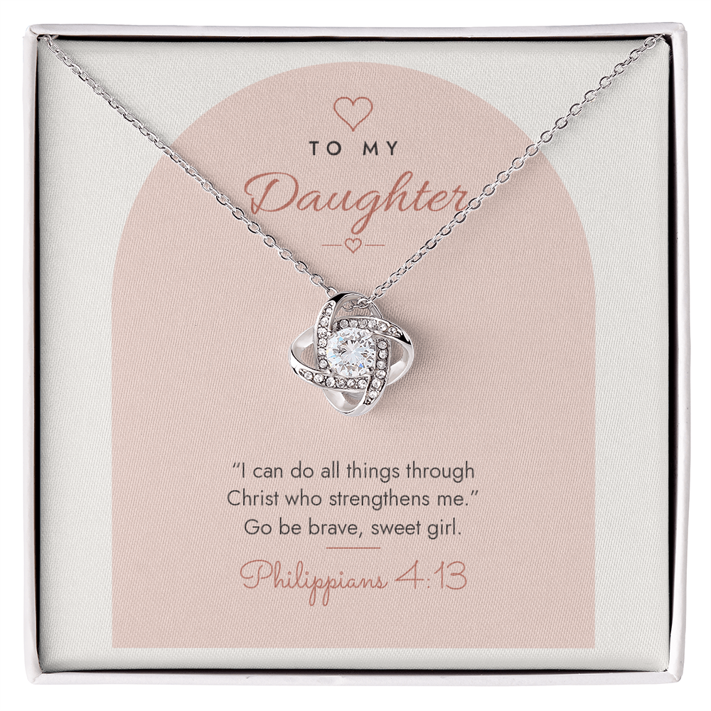 14K white gold finish Christian Love Knot necklace for Daughter on "To My Daughter" Philippians 4:13 modern message card in two-tone standard gift box