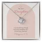 14K white gold finish Christian Love Knot necklace for Daughter on "To My Daughter" Philippians 4:13 modern message card in two-tone standard gift box