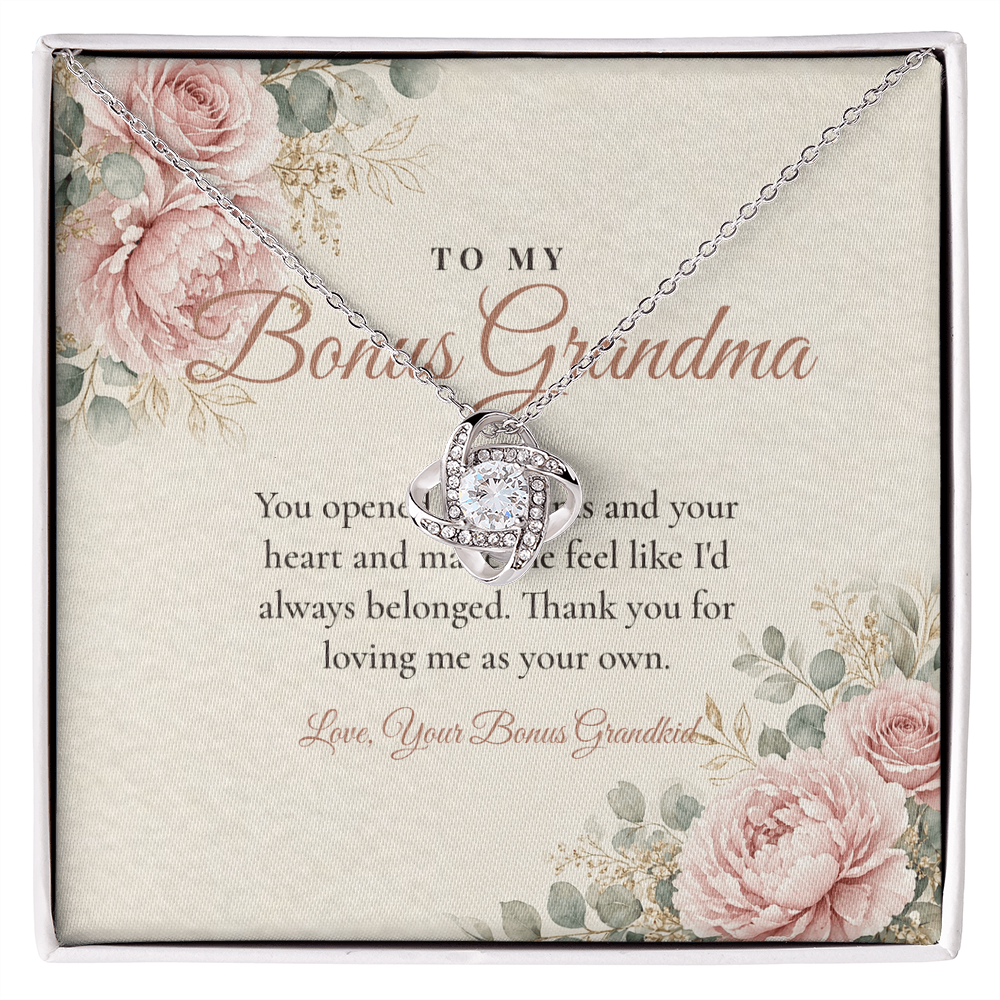 Silver Love Knot necklace for bonus grandma displayed on To My Bonus Grandma message card