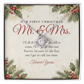 Silver Love Knot necklace for wife displayed on Our First Christmas Mr. & Mrs. message card