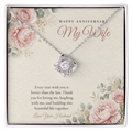 14K white gold finish Anniversary Love Knot necklace for Wife on "Happy Anniversary My Wife" message card in standard gift box