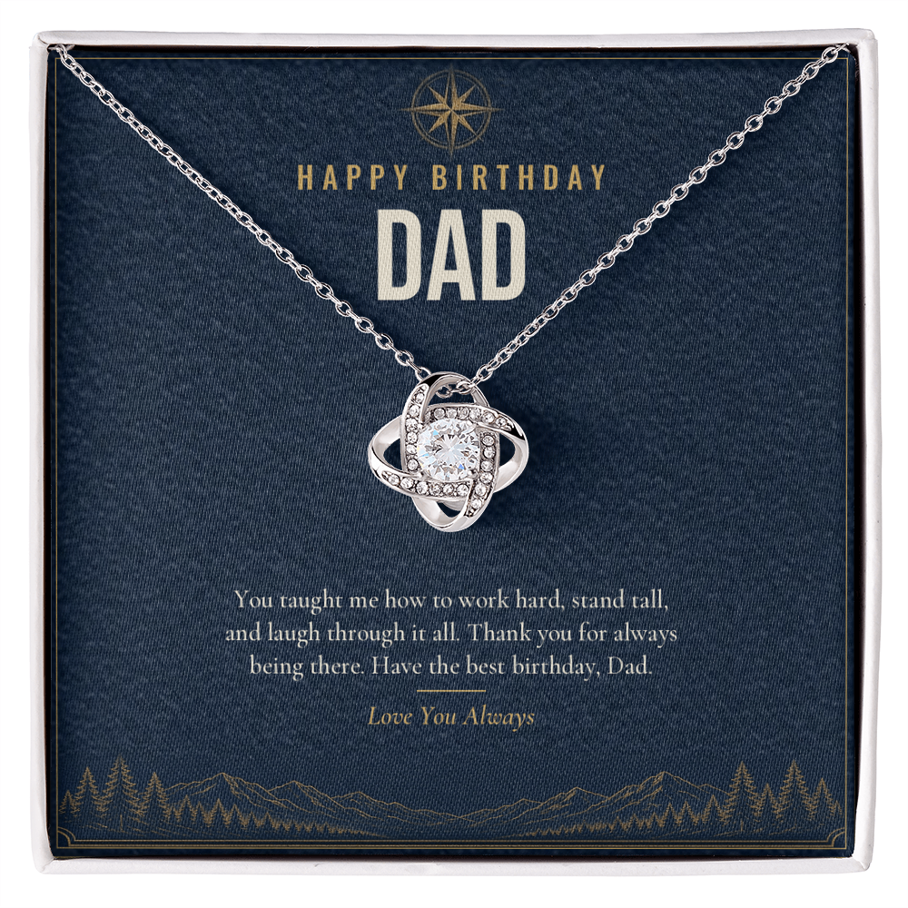 14K white gold finish Birthday Love Knot necklace for Dad on "Happy Birthday Dad" message card in standard gift box