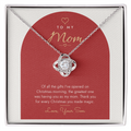 Love Knot necklace for Mom from Son laid on modern "The Greatest Gift" message card