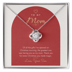 Love Knot necklace for Mom from Son laid on modern "The Greatest Gift" message card