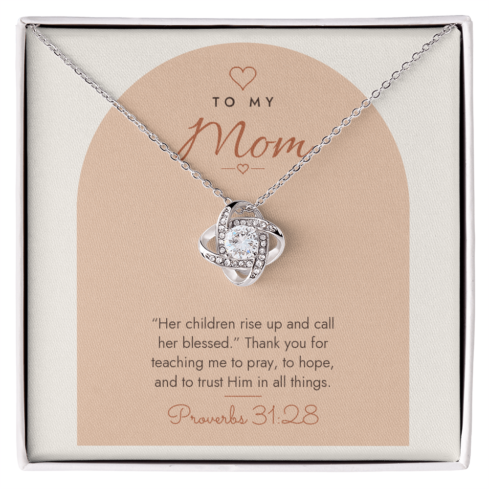 14K white gold finish Christian Love Knot necklace for Mom on "To My Mom" Proverbs 31:28 modern message card in two-tone standard gift box