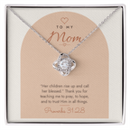 14K white gold finish Christian Love Knot necklace for Mom on "To My Mom" Proverbs 31:28 modern message card in two-tone standard gift box