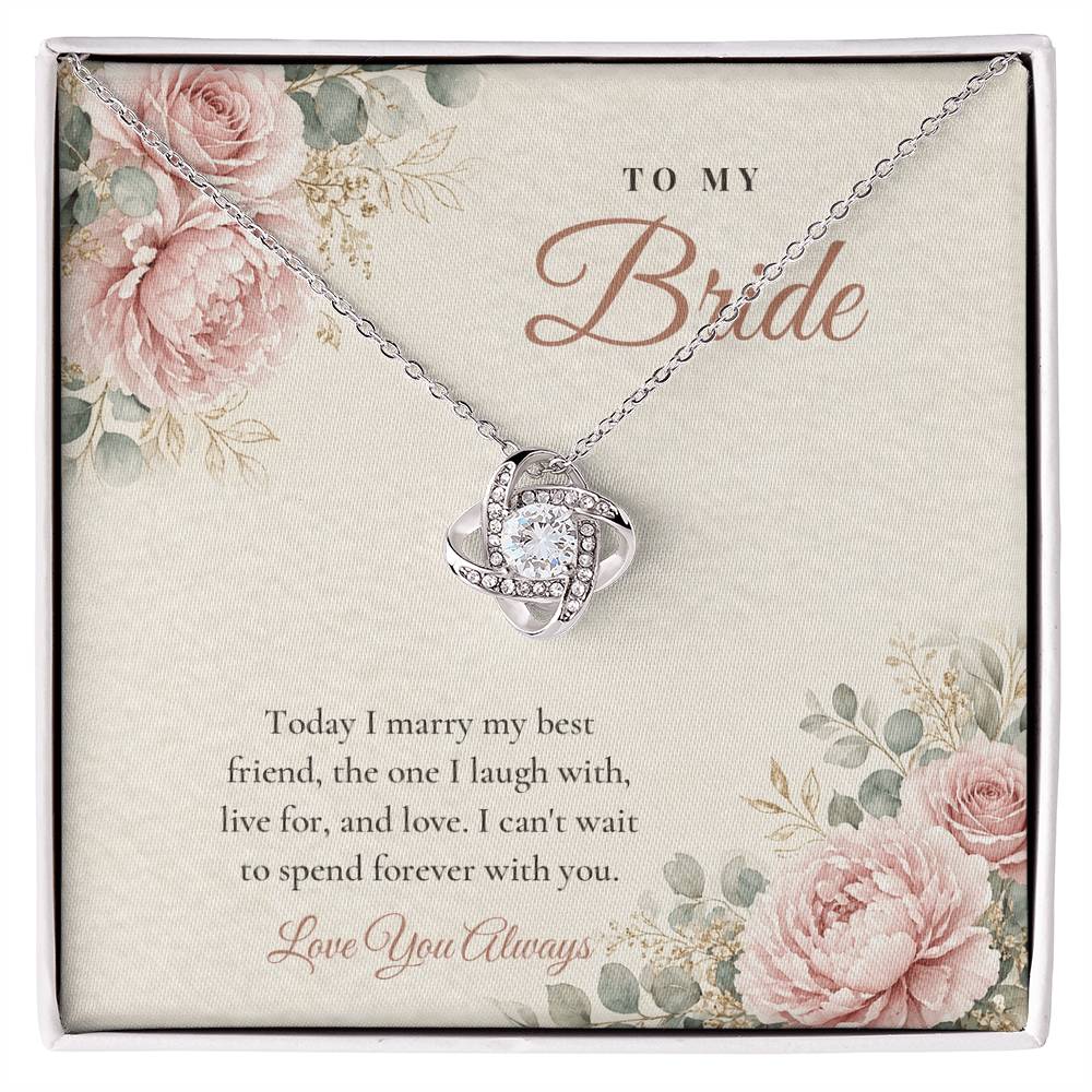 14K white gold finish Wedding Love Knot necklace for Bride on "To My Bride" message card in standard gift box