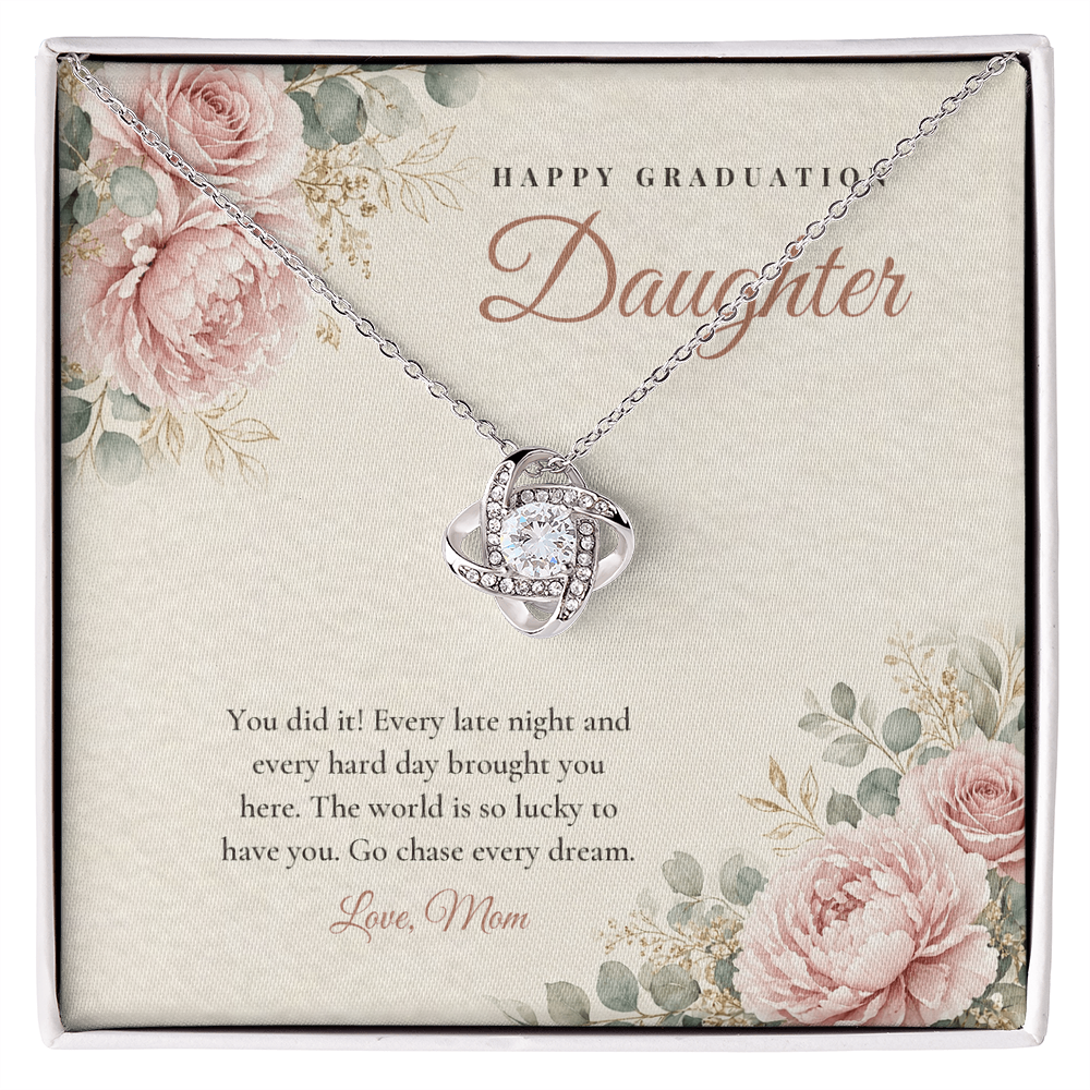 14K white gold finish Graduation Love Knot necklace for Daughter on "Happy Graduation Daughter" message card in standard gift box