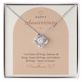 14K white gold finish Christian Love Knot necklace for Anniversary on "Happy Anniversary" 1 Corinthians 13:7 modern message card in two-tone standard gift box