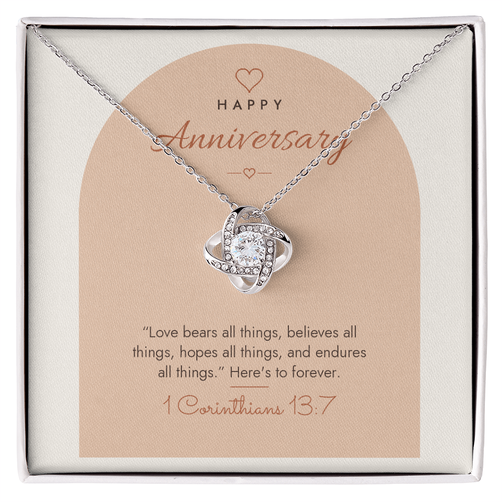 14K white gold finish Christian Love Knot necklace for Anniversary on "Happy Anniversary" 1 Corinthians 13:7 modern message card in two-tone standard gift box