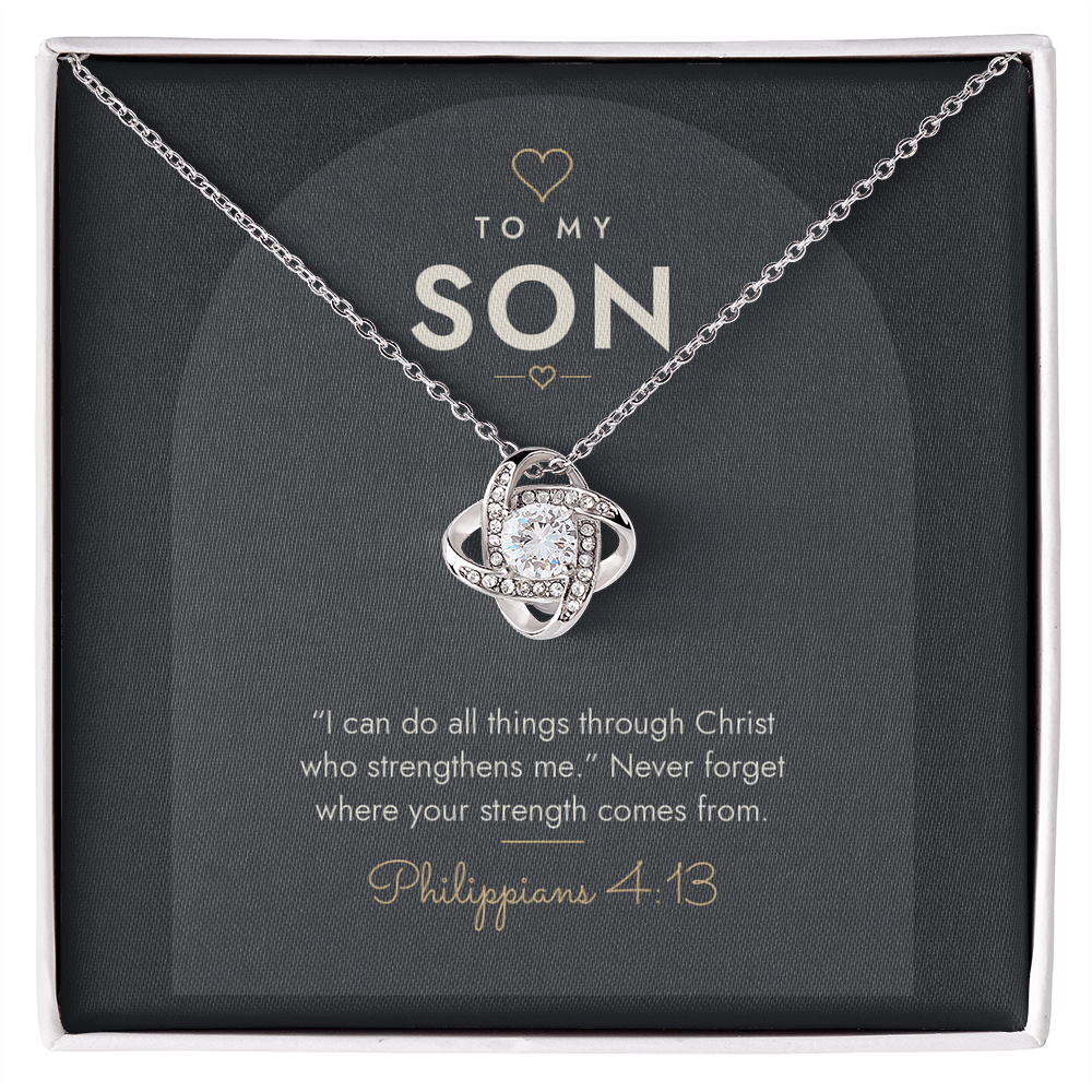 14K white gold finish Christian Love Knot necklace for Son on "To My Son" Philippians 4:13 modern message card in two-tone standard gift box