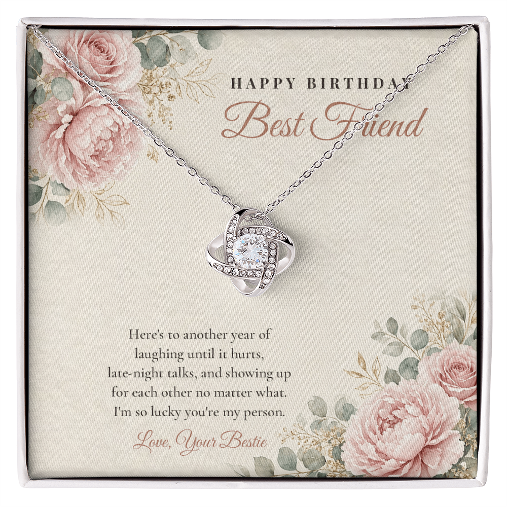 14K white gold finish Birthday Love Knot necklace for Best Friend on "Happy Birthday Best Friend" message card in standard gift box