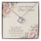 14K white gold finish Birthday Love Knot necklace for Best Friend on "Happy Birthday Best Friend" message card in standard gift box