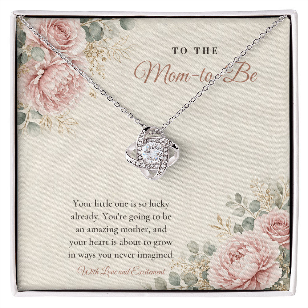 14K white gold finish Pregnancy Love Knot necklace for Mom-to-Be on "To The Mom-to-Be" message card in standard gift box