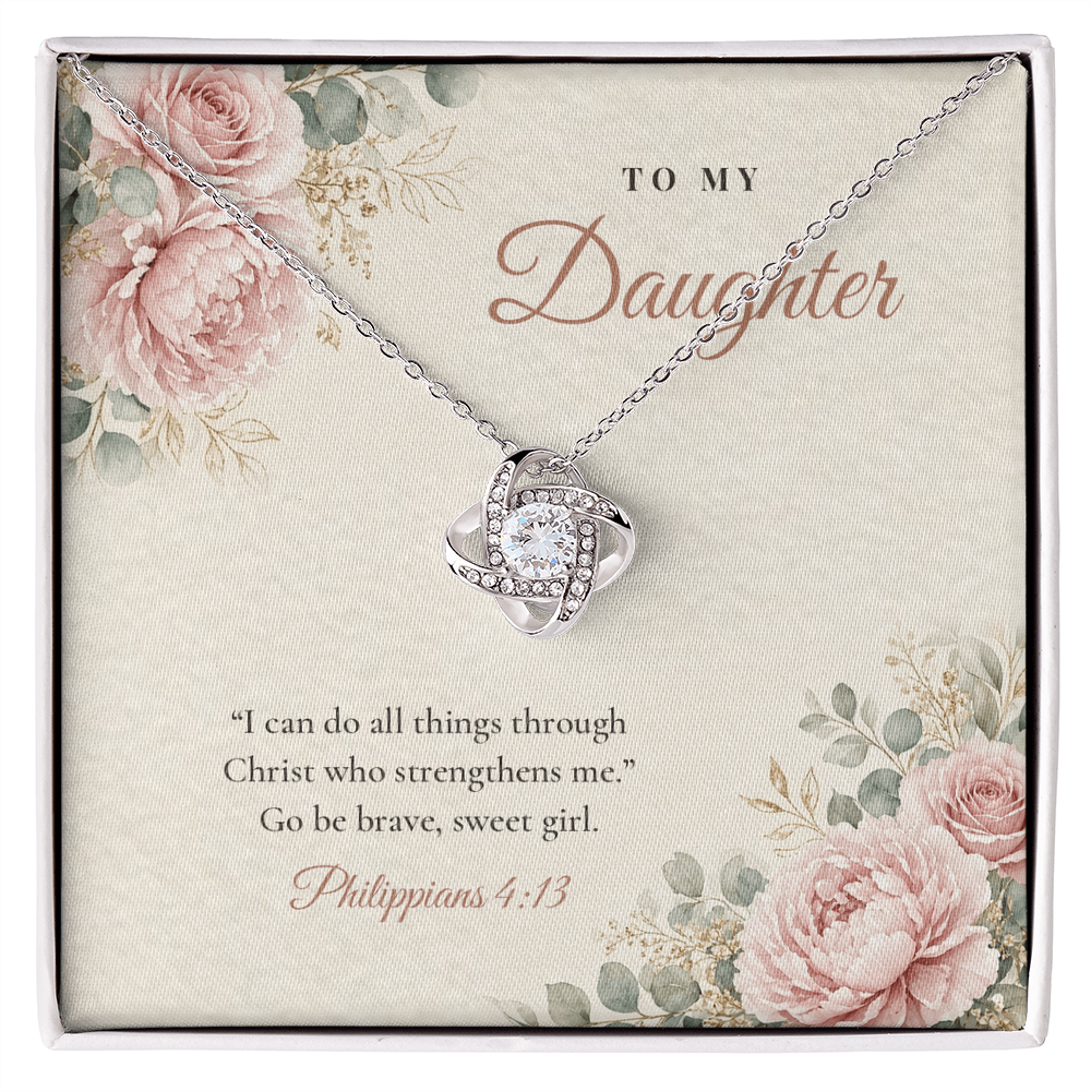 Christian Love Knot necklace for Daughter laid on "To My Daughter" Philippians 4:13 message card