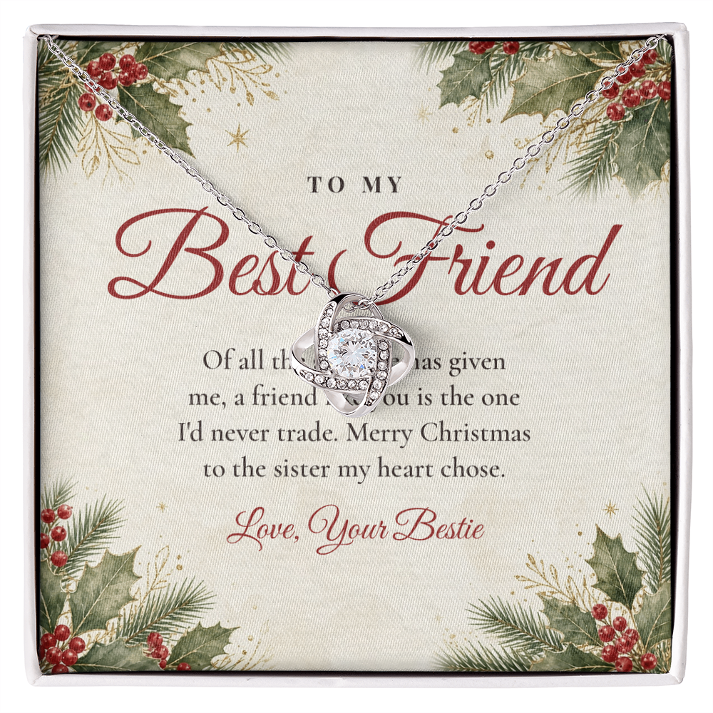 Silver Love Knot necklace for best friend displayed on To My Best Friend message card