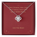 Christmas Love Knot necklace for Mom in white gold finish on Merry Christmas Mom message card