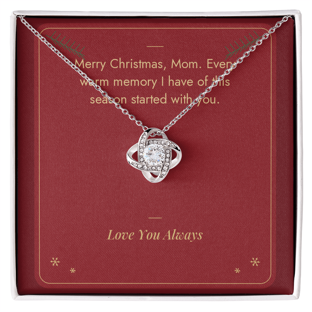 Christmas Love Knot necklace for Mom in white gold finish on Merry Christmas Mom message card
