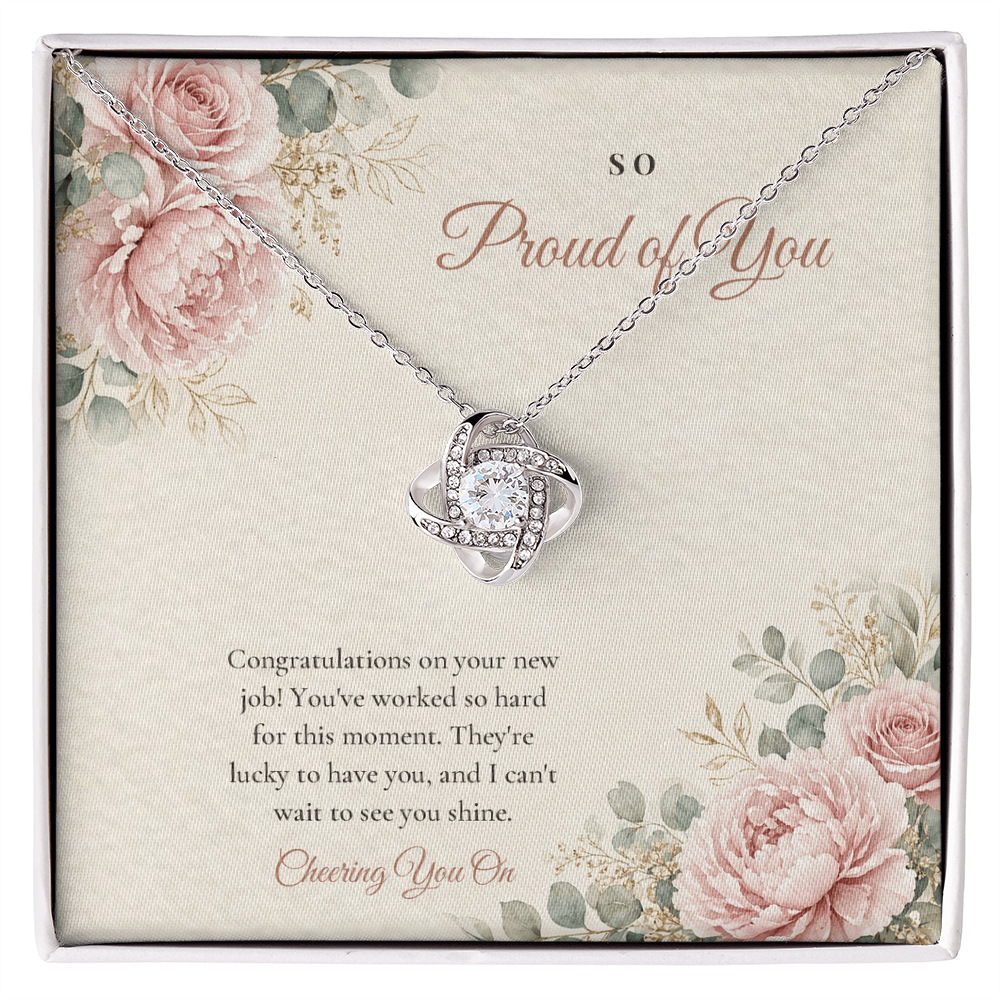 14K white gold finish New Job Love Knot necklace for Her on "So Proud of You" message card in standard gift box