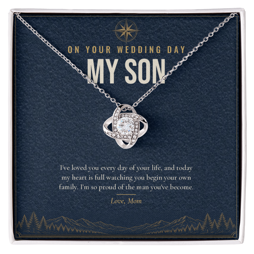 14K white gold finish Wedding Day Love Knot necklace for Son on "On Your Wedding Day My Son" message card in standard gift box