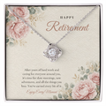14K white gold finish Retirement Love Knot necklace for Her on "Happy Retirement" message card in standard gift box
