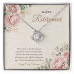 14K white gold finish Retirement Love Knot necklace for Her on "Happy Retirement" message card in standard gift box