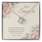 14K white gold finish Sweet 16 Love Knot necklace for Daughter on "Happy Sweet 16" message card in standard gift box