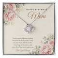 14K white gold finish Birthday Love Knot necklace for Mom on "Happy Birthday Mom" message card in standard gift box