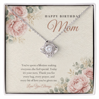 14K white gold finish Birthday Love Knot necklace for Mom on "Happy Birthday Mom" message card in standard gift box
