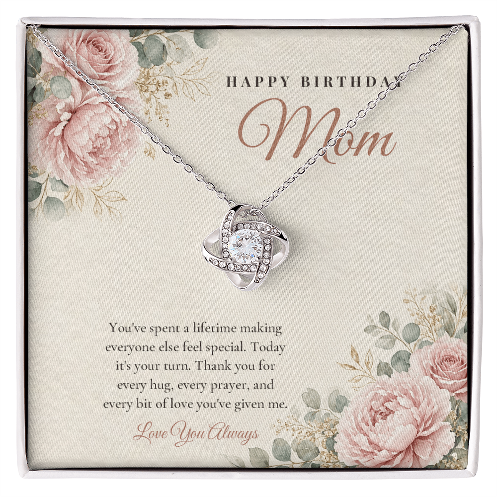 14K white gold finish Birthday Love Knot necklace for Mom on "Happy Birthday Mom" message card in standard gift box