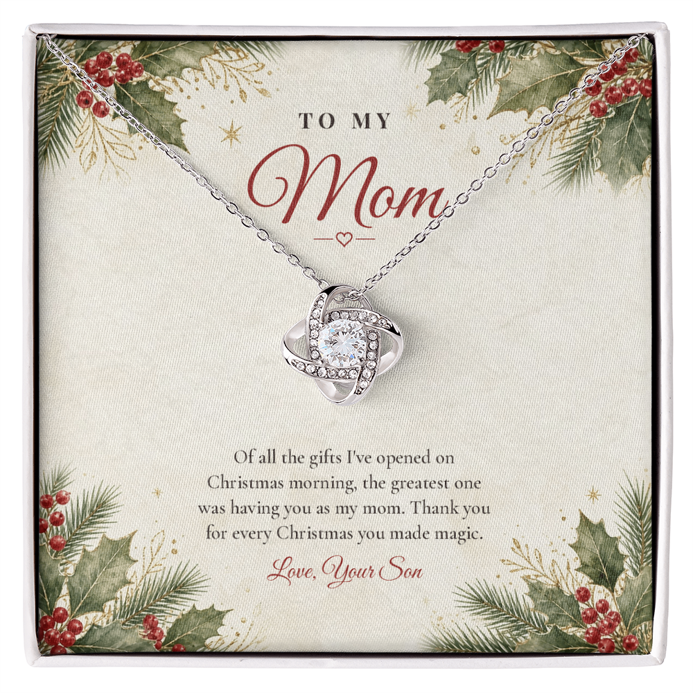 Love Knot necklace for Mom from Son laid on classic "The Greatest Gift" message card
