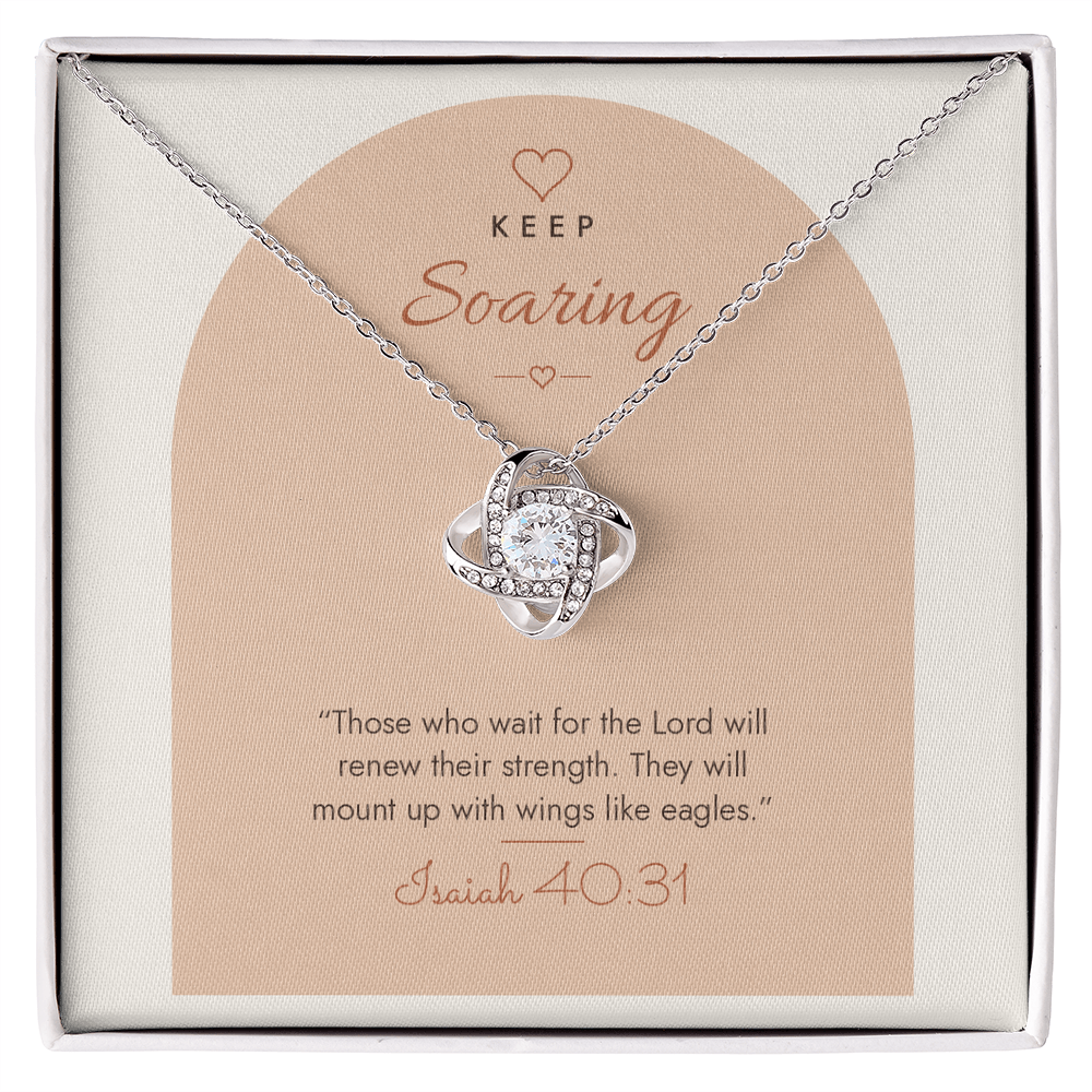 14K white gold finish Christian Love Knot necklace on "Keep Soaring" Isaiah 40:31 modern message card in two-tone standard gift box