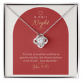 14K white gold finish Christian Christmas Love Knot necklace on "O Holy Night" John 3:16 modern message card in two-tone standard gift box