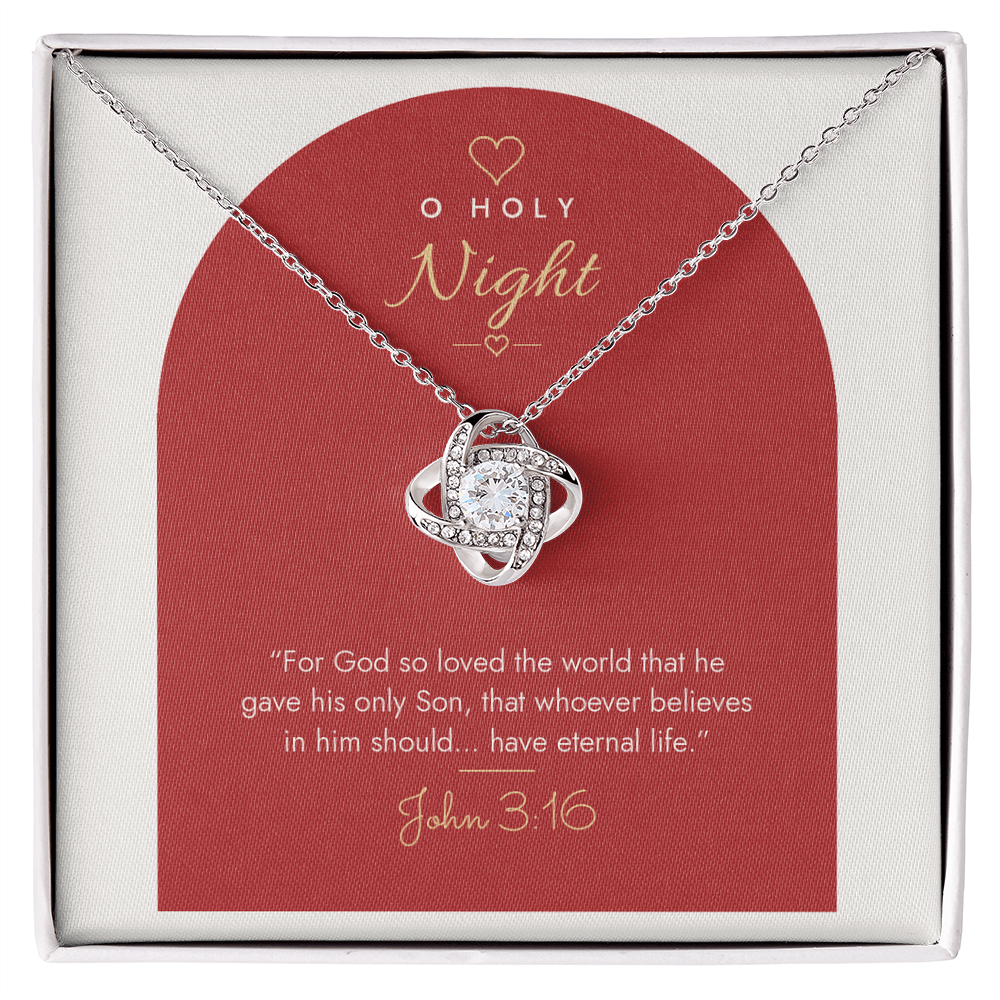 14K white gold finish Christian Christmas Love Knot necklace on "O Holy Night" John 3:16 modern message card in two-tone standard gift box