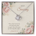 14K white gold finish Christian Love Knot necklace on "Keep Soaring" message card (Isaiah 40:31) in standard gift box