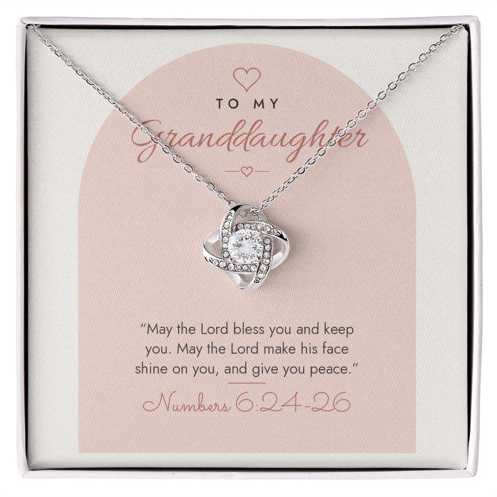 14K white gold finish Christian Love Knot necklace for Granddaughter on "To My Granddaughter" Numbers 6:24-26 modern message card in two-tone standard gift box