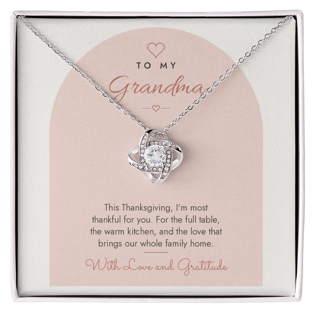 Love Knot necklace for Grandma laid on modern "Thankful for You" message card