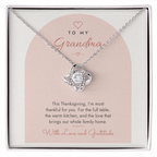 Love Knot necklace for Grandma laid on modern "Thankful for You" message card
