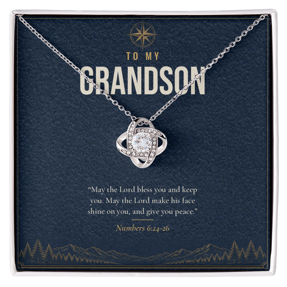 14K white gold finish Christian Love Knot necklace for Grandson on "To My Grandson" message card (Numbers 6:24-26) in standard gift box