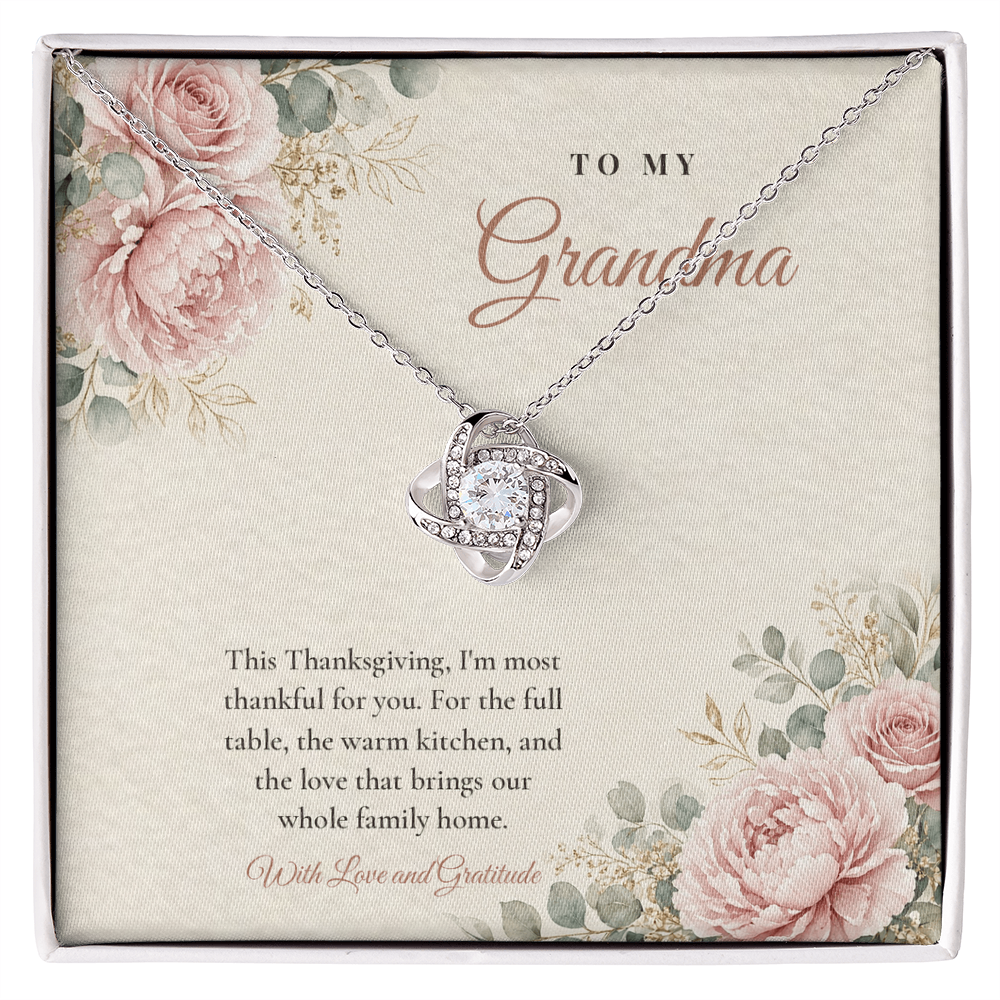 Love Knot necklace for Grandma laid on classic "Thankful for You" message card